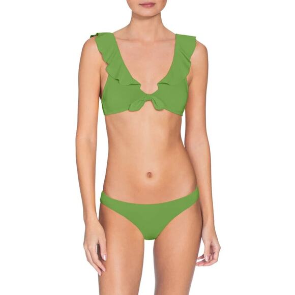 Robin Piccone NWT Ava Ruffle Tie Front Bikini Top Green Size M - Picture 1 of 7